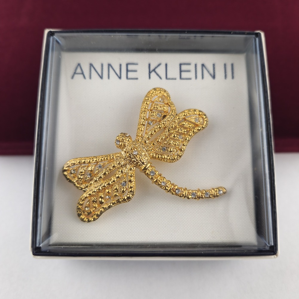 Anne Klein II Vintage Dragonfly Brooch Gold Tone Rhinestone Insect Pin with Box
